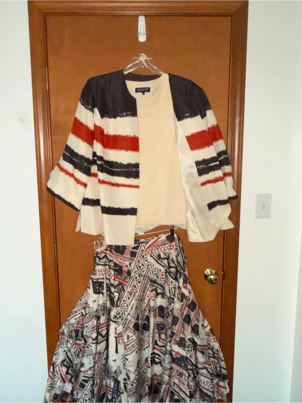 Jones New York Cream, Black & Red Striped Open-Front Cardigan 3 piece set
